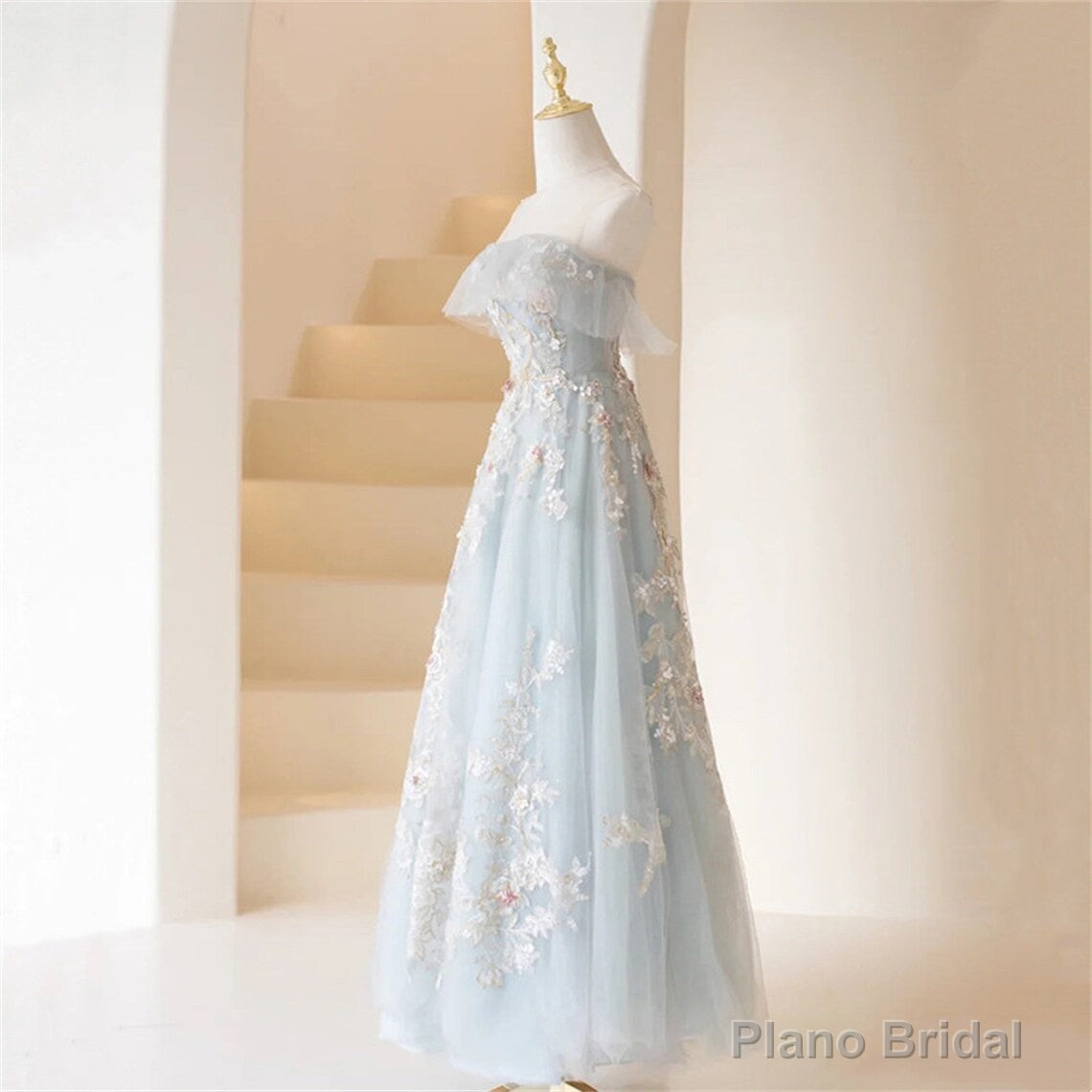 Light Blue Prom Dresses Fairy,Long Blue Tulle Floral Appliques Formal Dresses