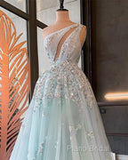 Light Blue Formal Prom Dresses One Shoulder Sequin Lace