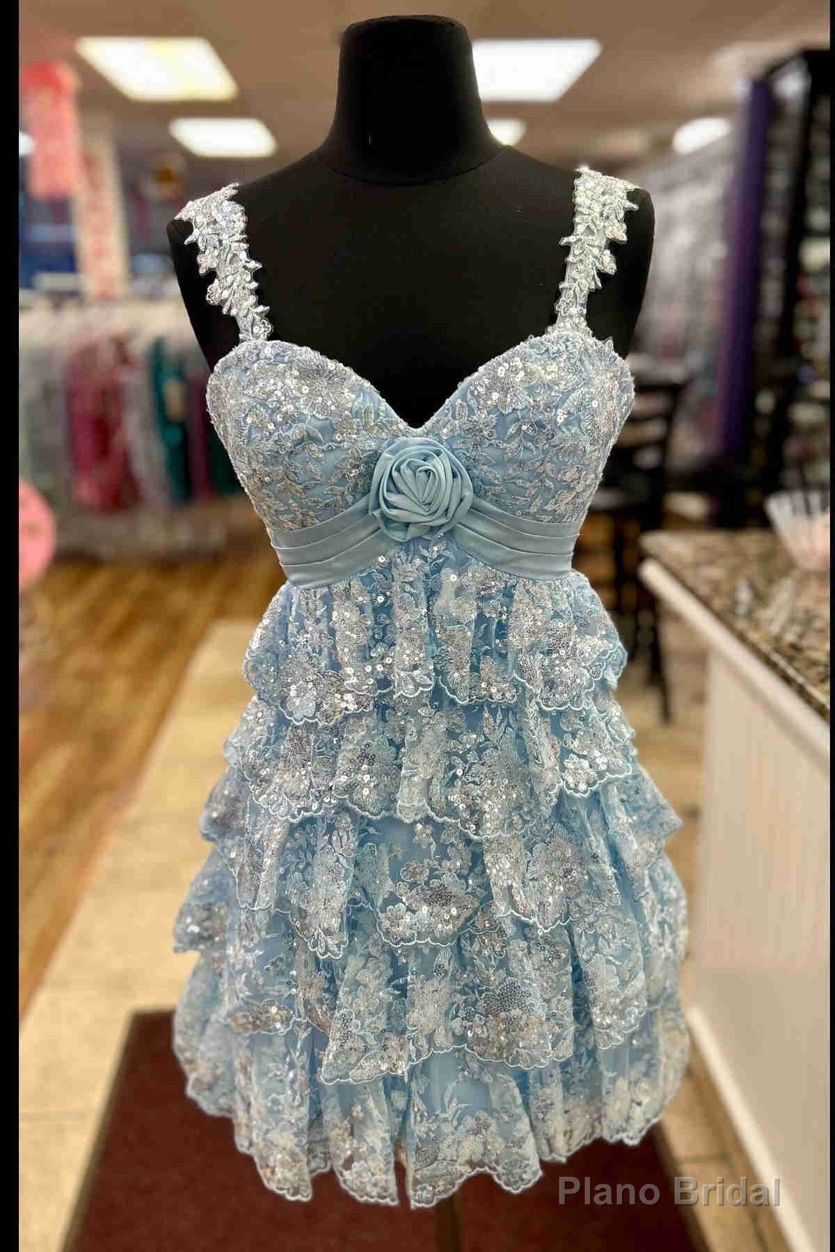 Light Blue Rosette Sequin Baby Doll Short Party Dress Main image