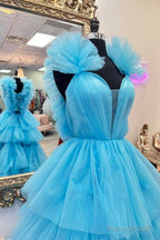 Light Blue Ruffle Straps A-Line Tiered Prom Dress