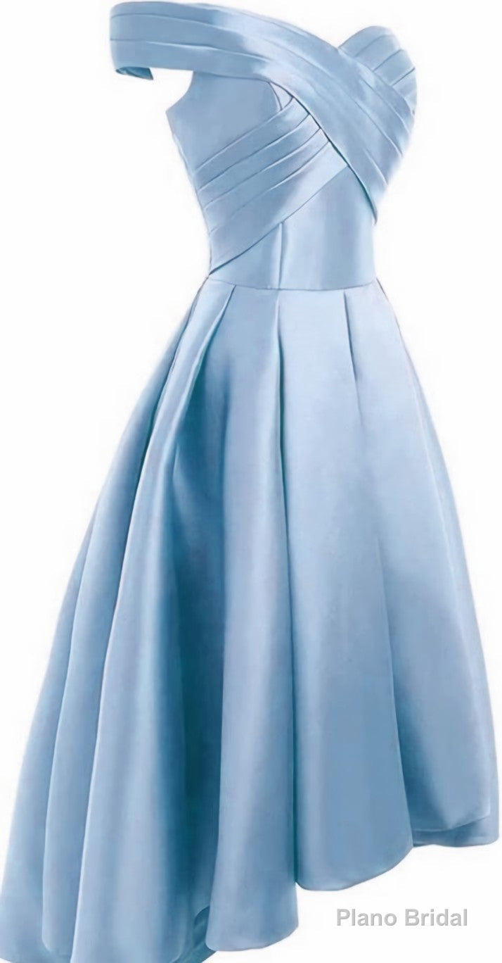 Light Blue Satin Off Shoulder High Low Party Dress Homecoming Dresses, Short Prom Dress Main image