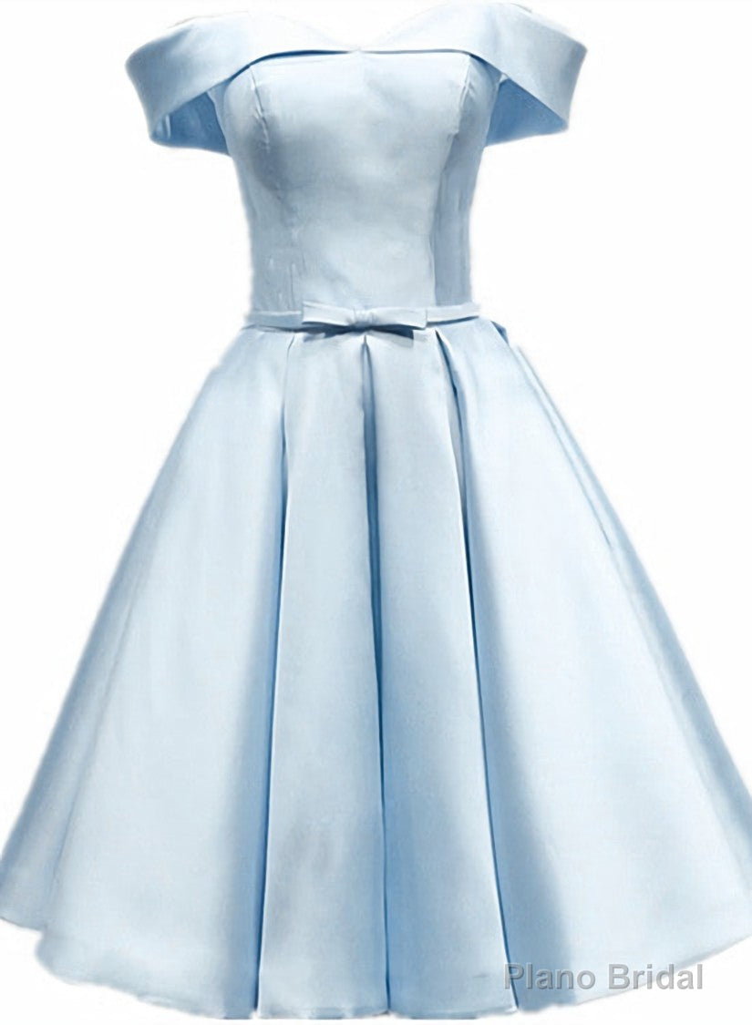 Light Blue Satin Off Shoulder Knee Length Homeoming Dress, Blue Short Prom Dress Main image