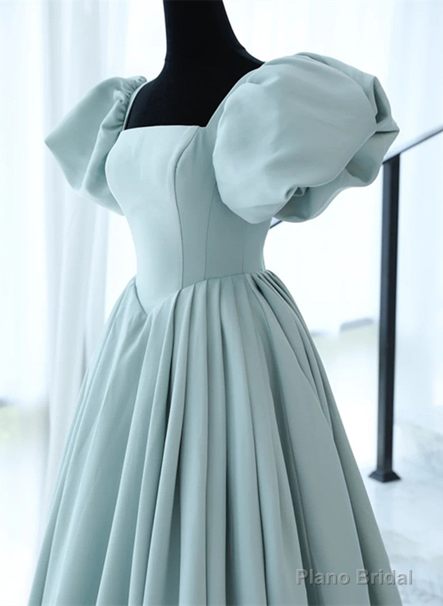 Light Blue Satin Open Back Lopng Prom Dress, Blue A-line Wedding Party Dress Main image