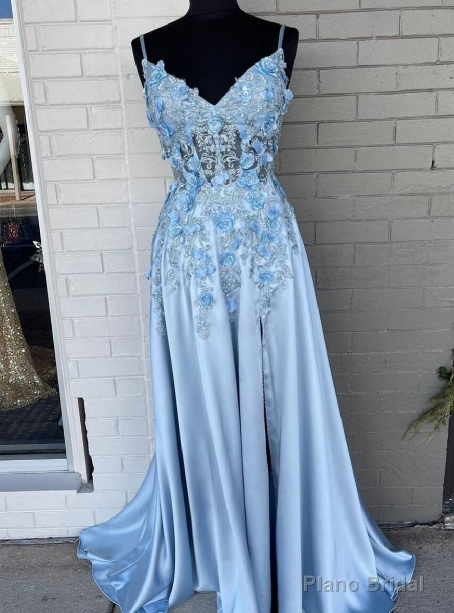 Light Blue Satin Spaghetti Straps 3D Flower Prom Dress Main image