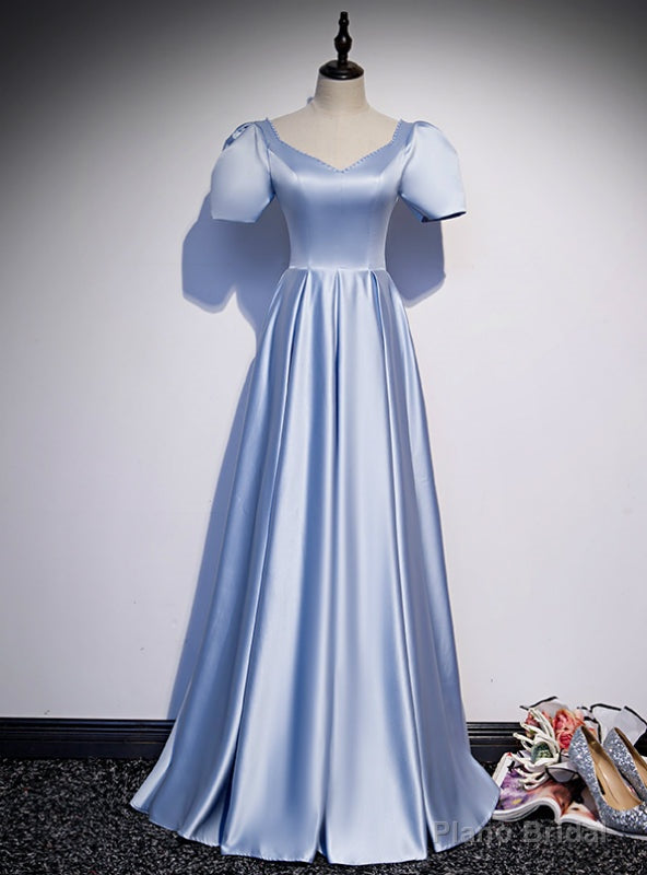Light Blue Satin V-neck Puff Sleeve Beading Prom Dress Main image