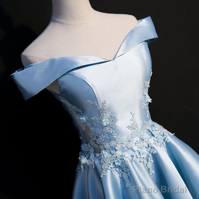 Light Blue Satin with Lace Applique High Low Homecoming Dress, Blue Short Off Shoulder Formal Dress Secondary image
