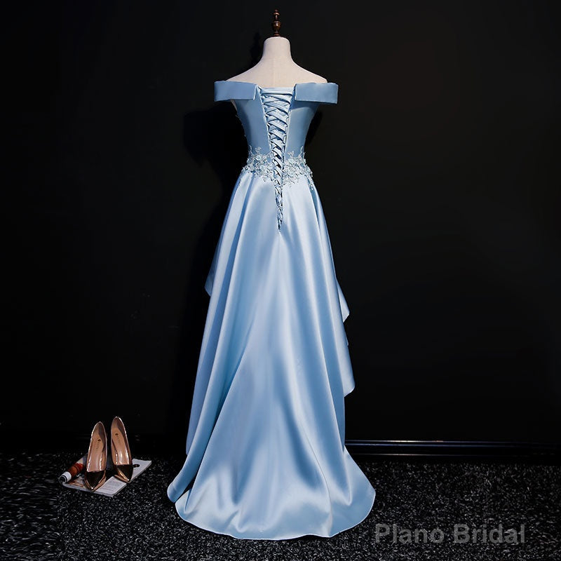 Light Blue Satin with Lace Applique High Low Homecoming Dress, Blue Short Off Shoulder Formal Dress