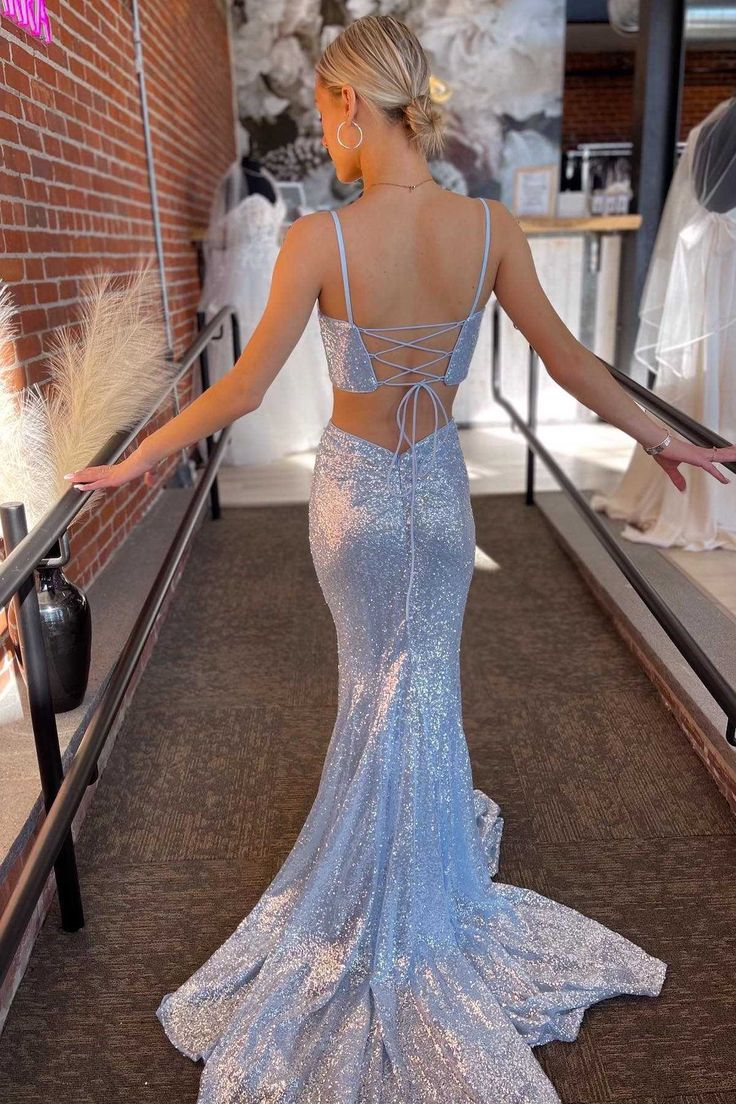 Light Blue Sequin Twist-Front Lace-Up Mermaid Long Formal Prom Gown Secondary image