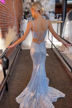 Light Blue Sequin Twist-Front Lace-Up Mermaid Long Formal Prom Gown