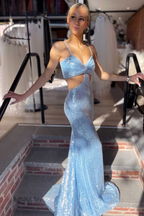 Light Blue Sequin Twist-Front Lace-Up Mermaid Long Formal Prom Gown