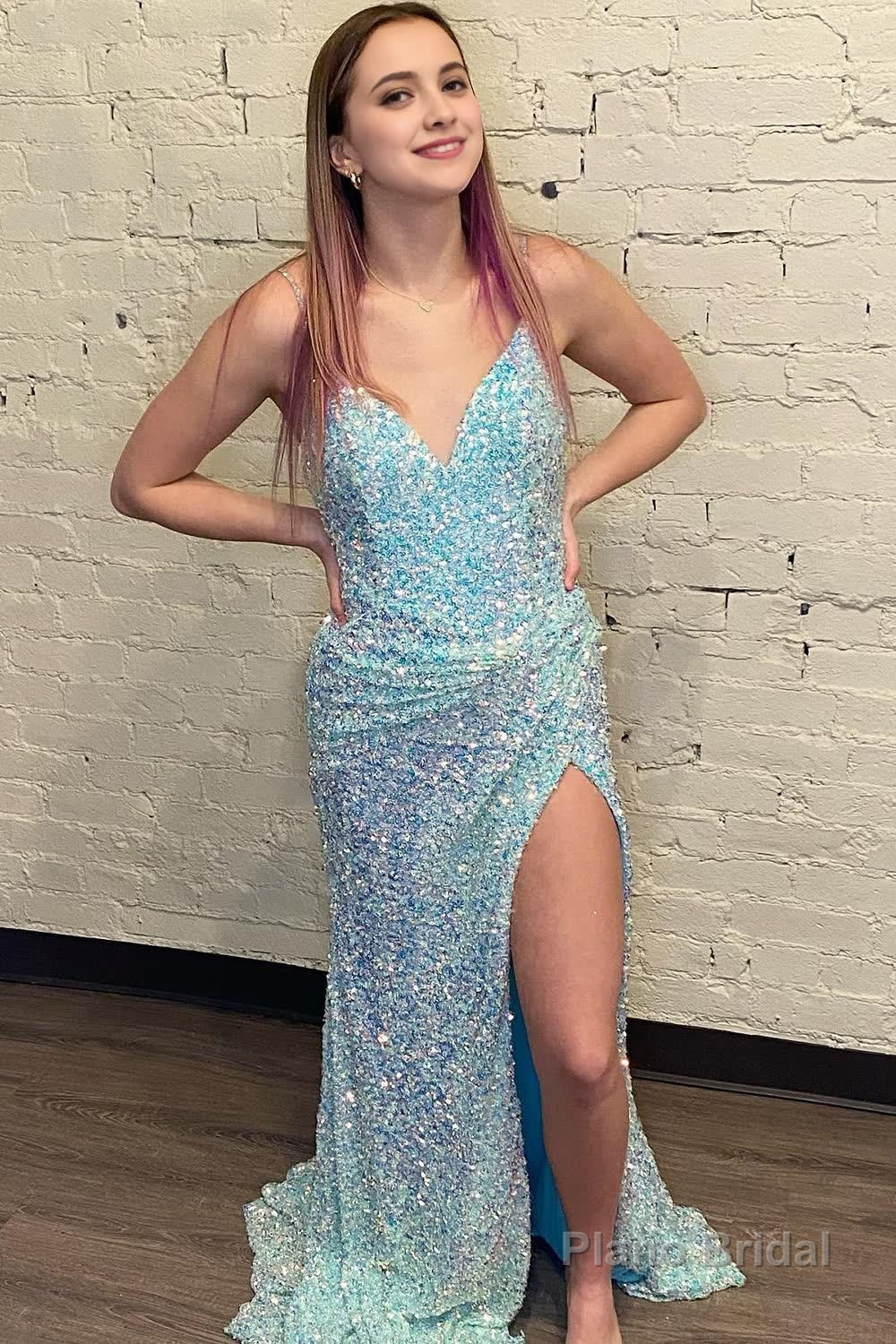 Light Blue Sequins Long Prom Dress With Open Back Main image