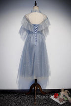 Light Blue Shiny Tulle High Neckline Homecoming Dresses Party Dresses