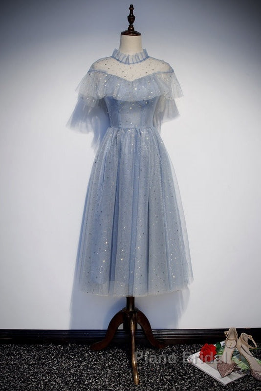 Light Blue Shiny Tulle High Neckline Homecoming Dresses Party Dresses, Blue Short Formal Prom Dresses Secondary image
