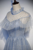 Light Blue Shiny Tulle High Neckline Homecoming Dresses Party Dresses, Blue Short Formal Prom Dresses