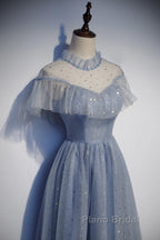 Light Blue Shiny Tulle High Neckline Homecoming Dresses Party Dresses, Blue Short Formal Prom Dresses