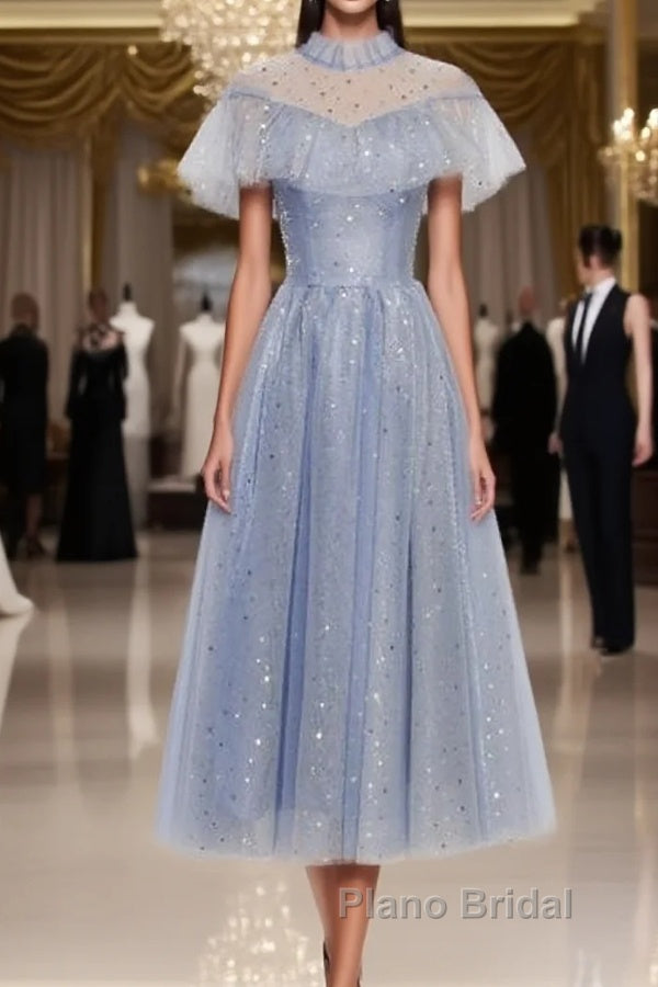 Light Blue Shiny Tulle High Neckline Homecoming Dresses Party Dresses, Blue Short Formal Prom Dresses Main image