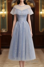 Light Blue Shiny Tulle High Neckline Homecoming Dresses Party Dresses