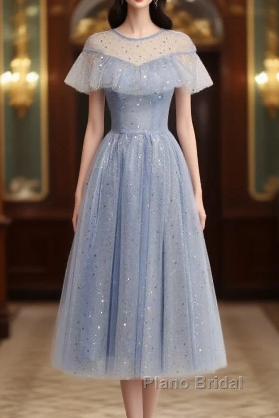 Light Blue Shiny Tulle High Neckline Homecoming Dresses Party Dresses