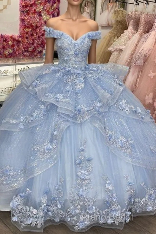 Light Blue Sparkly Off The Shoulder Appliques Formal Prom Dresses Quincea?Era Dresses Sweet 16 Formal Prom Dresses Ball Gown Main image