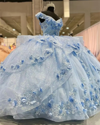 Light Blue Sparkly Off The Shoulder Appliques Formal Prom Dresses Quinceanera Dresses Sweet 16 Formal Prom Dresses Ball Gown
