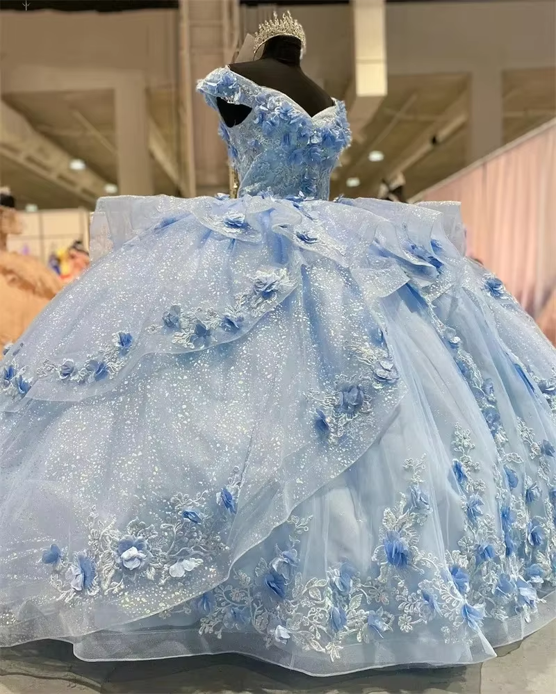 Light Blue Sparkly Off The Shoulder Appliques Formal Prom Dresses Quinceanera Dresses Sweet 16 Formal Prom Dresses Ball Gown