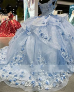 Light Blue Sparkly Off The Shoulder Appliques Formal Prom Dresses Quinceanera Dresses Sweet 16 Formal Prom Dresses Ball Gown