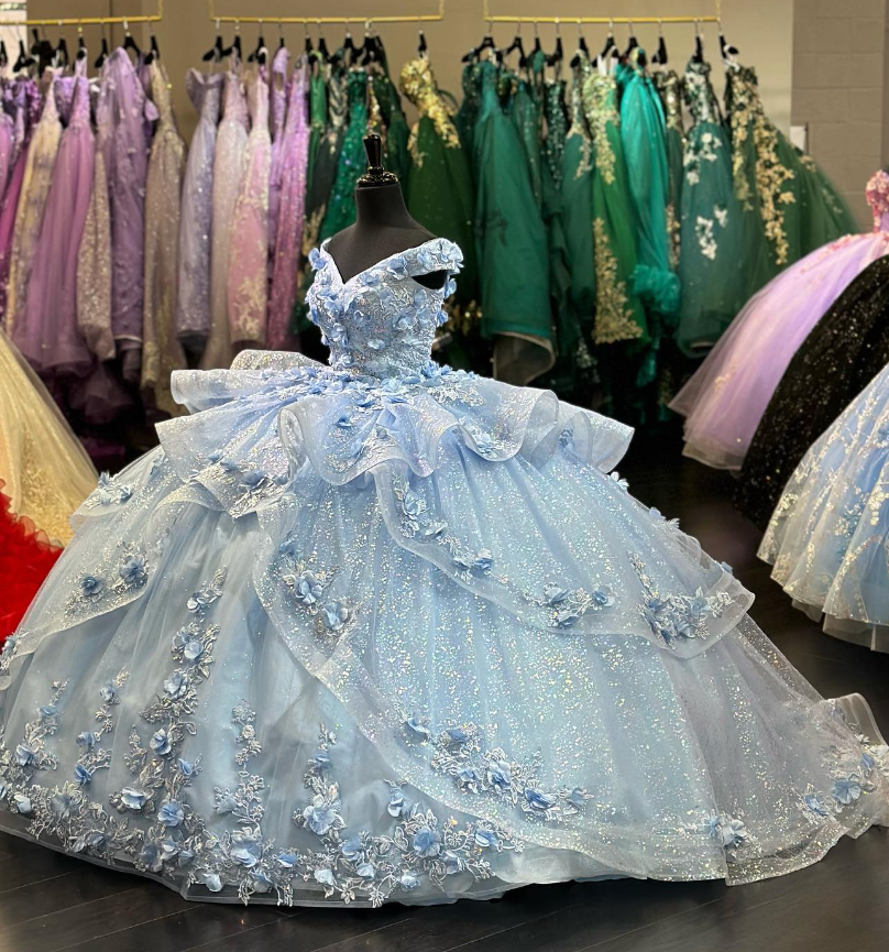 Light Blue Sparkly Off The Shoulder Appliques Formal Prom Dresses Quinceanera Dresses Sweet 16 Formal Prom Dresses Ball Gown