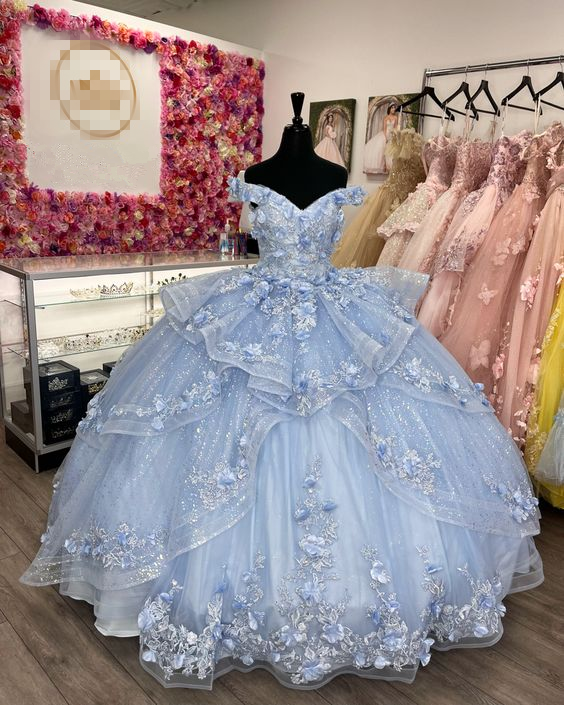 Light Blue Sparkly Off The Shoulder Appliques Formal Prom Dresses Quinceanera Dresses Sweet 16 Formal Prom Dresses Ball Gown Main image