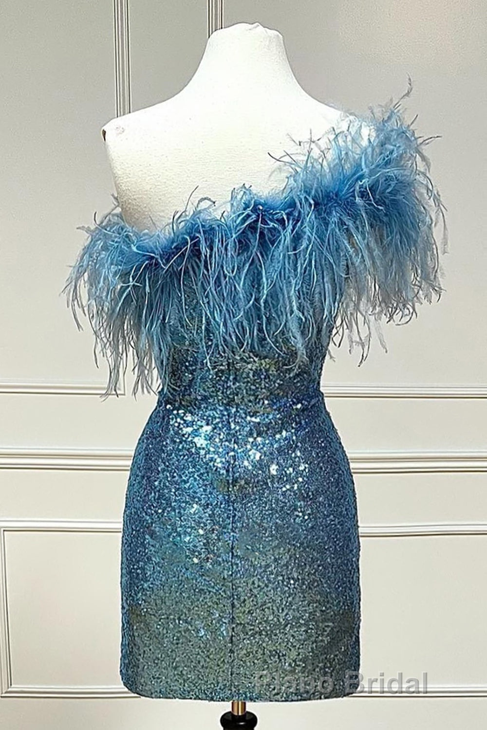 Light Blue Sparkly Tight Sequins Homecoming Dresses with Feathers Secondary image
