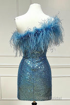 Light Blue Sparkly Tight Sequins Homecoming Dresses with Feathers