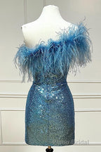 Light Blue Sparkly Tight Sequins Homecoming Dresses with Feathers