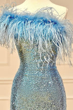 Light Blue Sparkly Tight Sequins Homecoming Dresses with Feathers