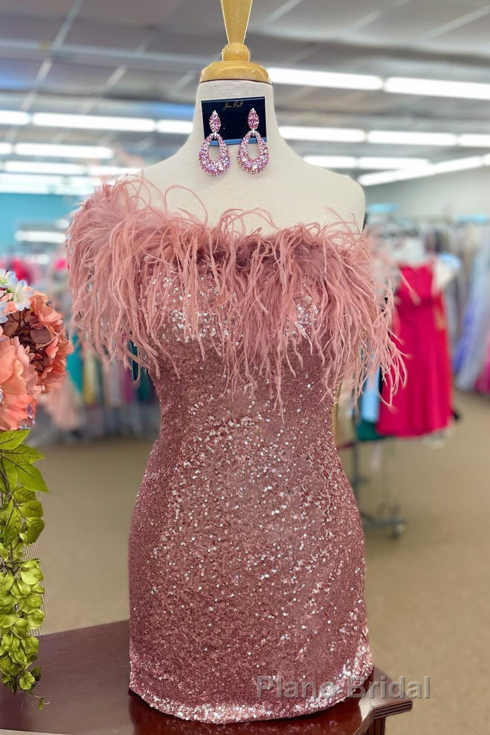 Light Blue Sparkly Tight Sequins Homecoming Dresses with Feathers