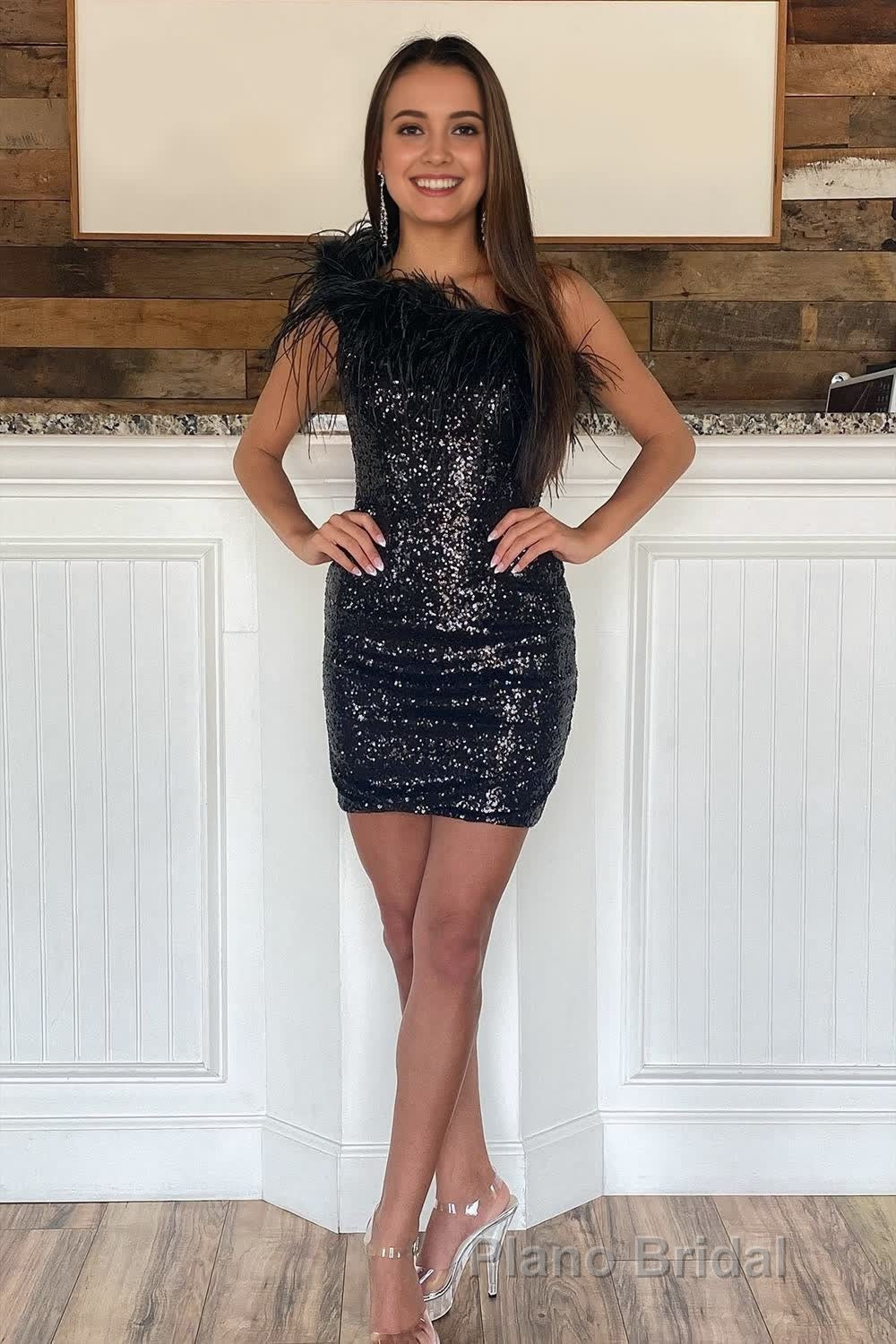 Light Blue Sparkly Tight Sequins Homecoming Dresses with Feathers