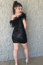 Light Blue Sparkly Tight Sequins Homecoming Dresses with Feathers