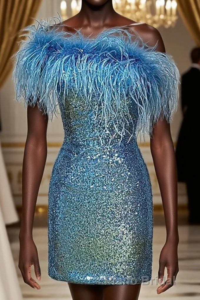 Light Blue Sparkly Tight Sequins Homecoming Dresses with Feathers Main image