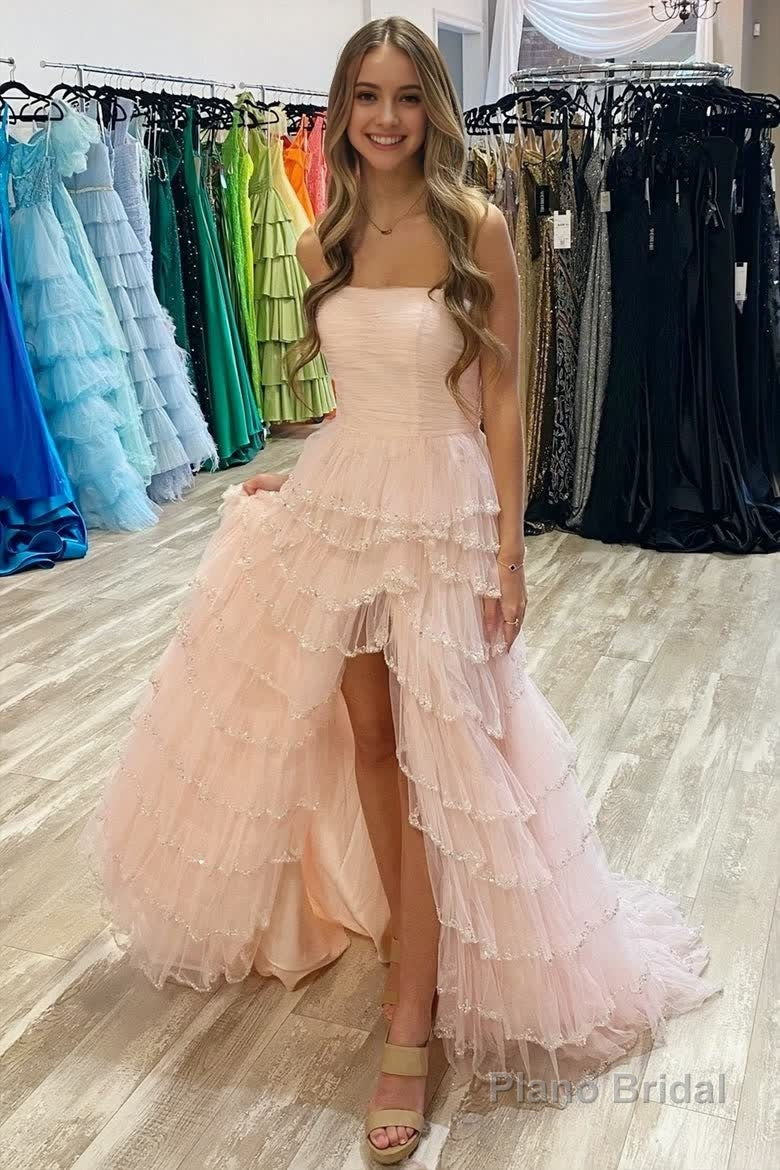Light Blue Strapless Layered Tulle Prom Dress with Sequins