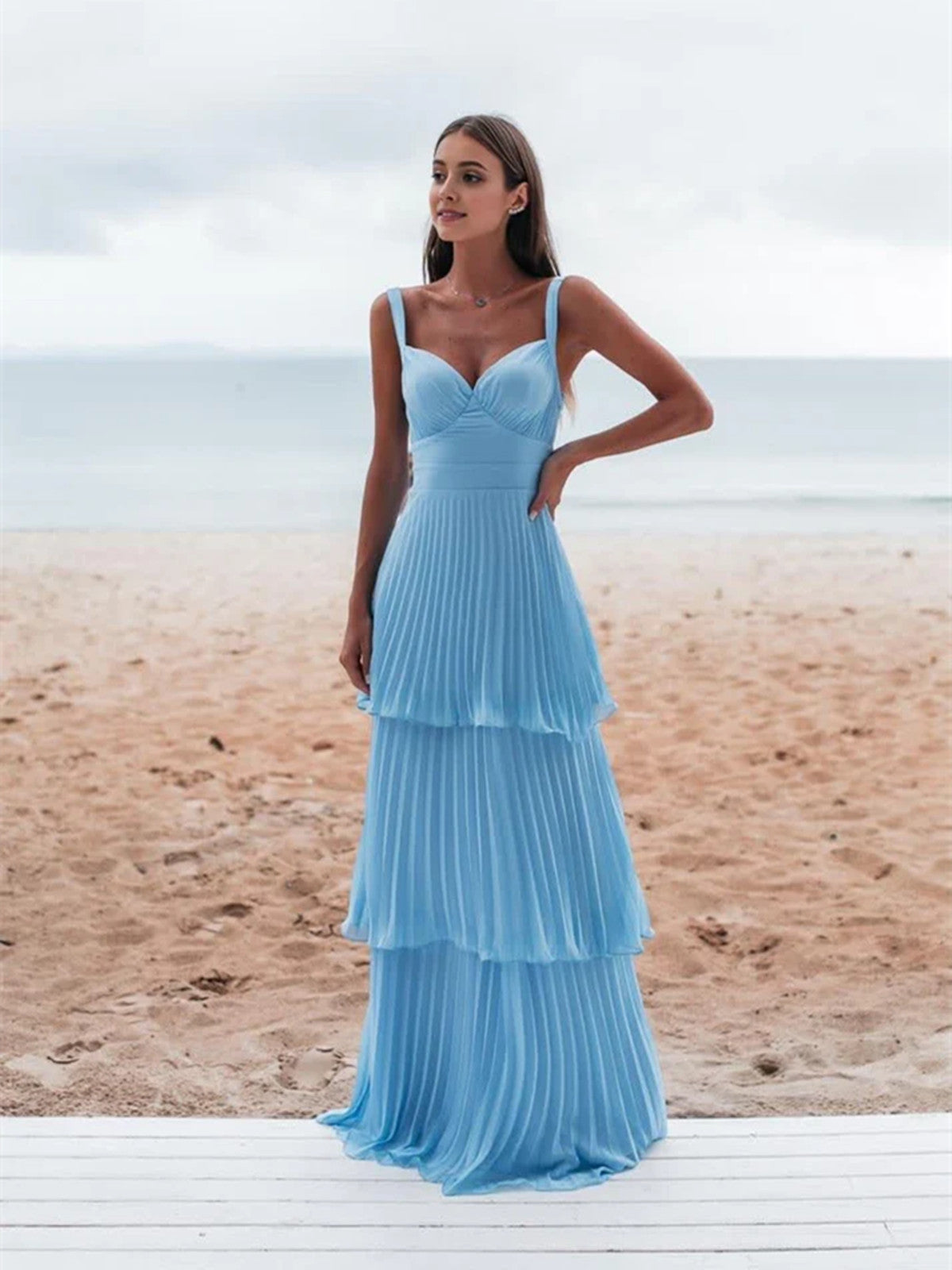 Light Blue Straps Chiffon Sweetheart Low Back Pary Dresses, Light Blue Long Formal Prom Dresses Main image
