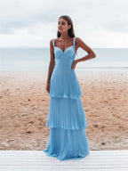 Light Blue Straps Chiffon Sweetheart Low Back Pary Dresses, Light Blue Long Formal Prom Dresses