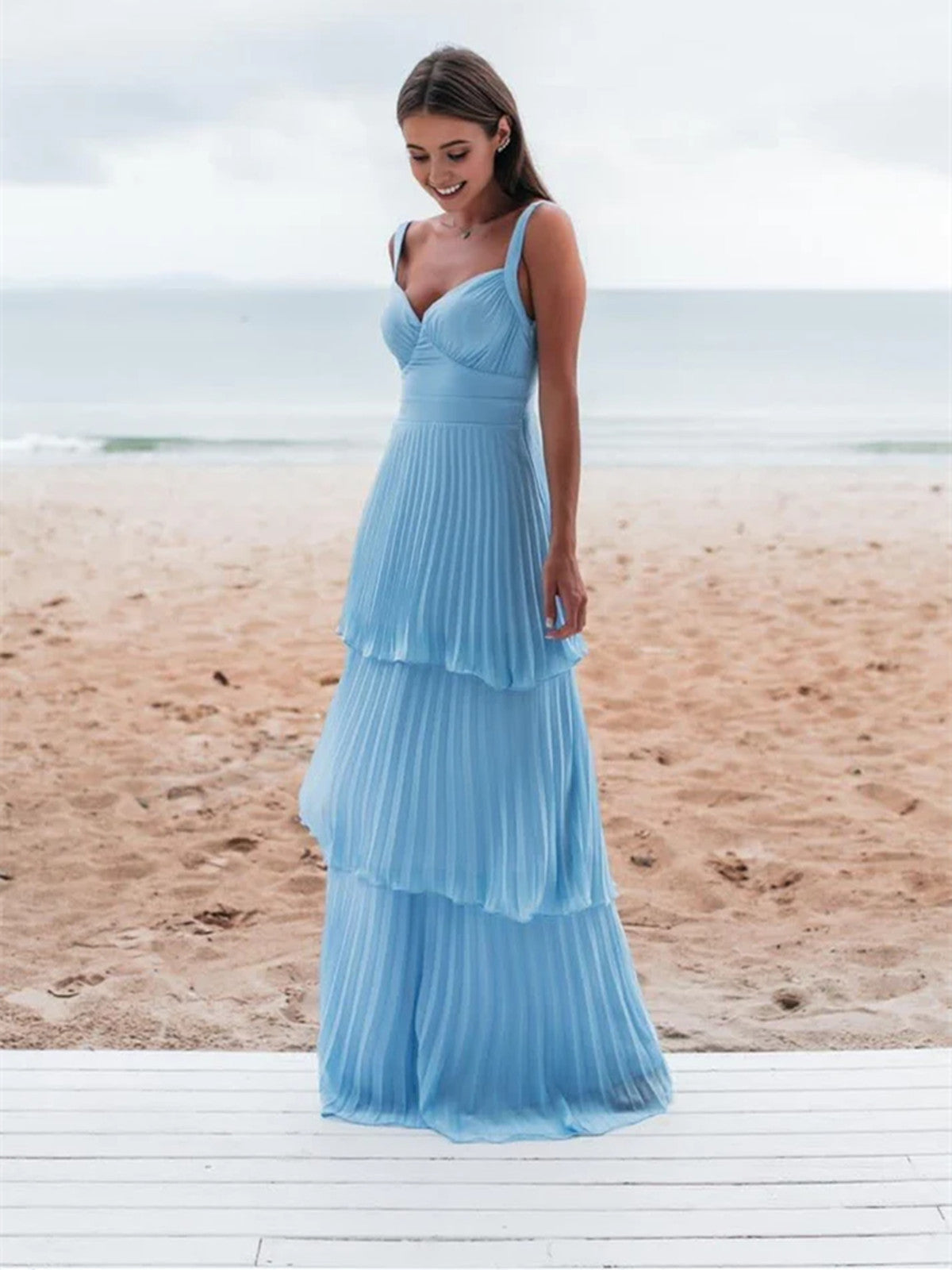Light Blue Straps Chiffon Sweetheart Low Back Pary Dresses, Light Blue Long Formal Prom Dresses Secondary image