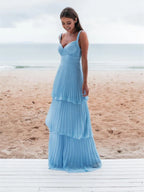 Light Blue Straps Chiffon Sweetheart Low Back Pary Dresses, Light Blue Long Formal Prom Dresses