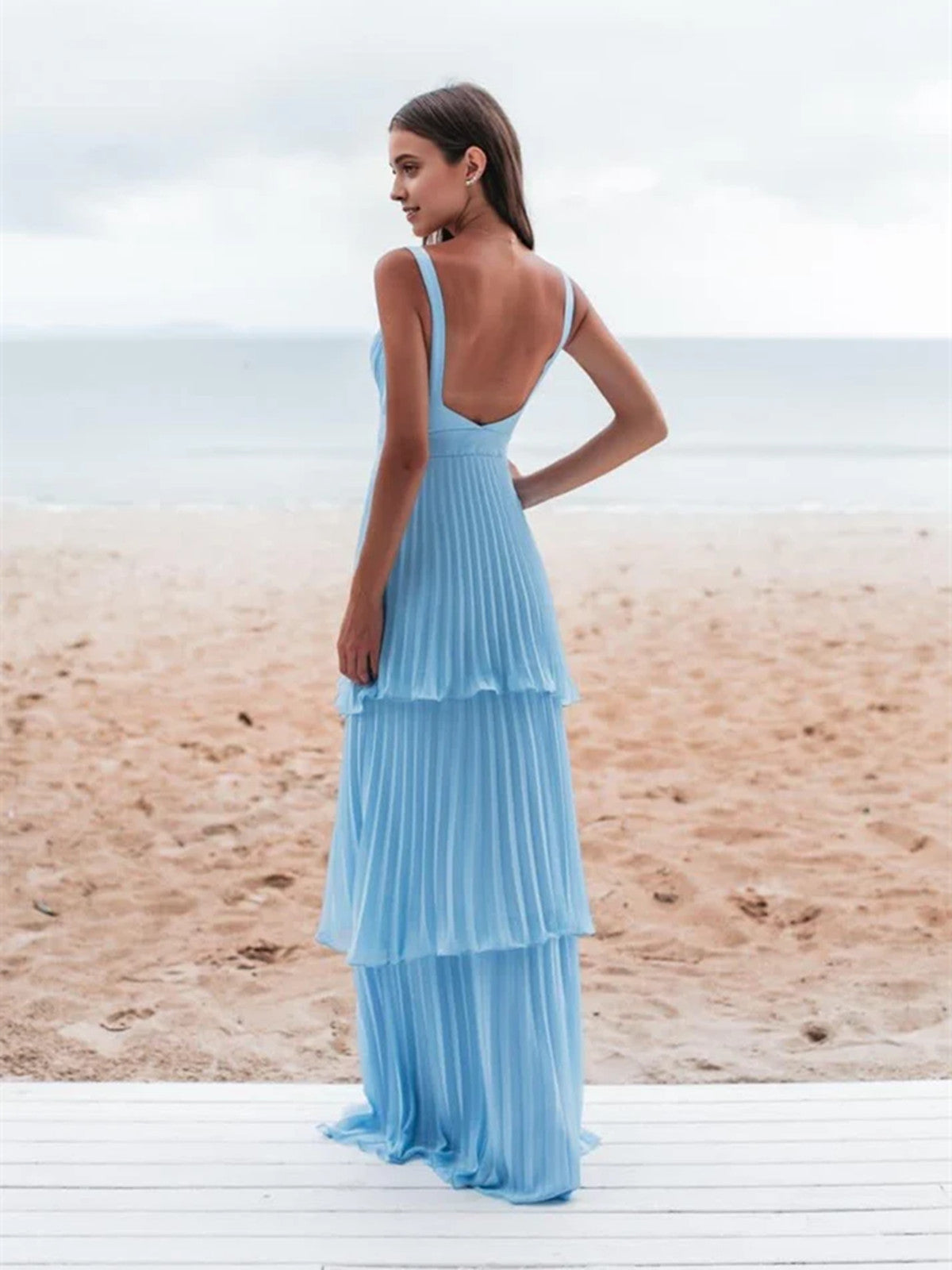 Light Blue Straps Chiffon Sweetheart Low Back Pary Dresses, Light Blue Long Formal Prom Dresses