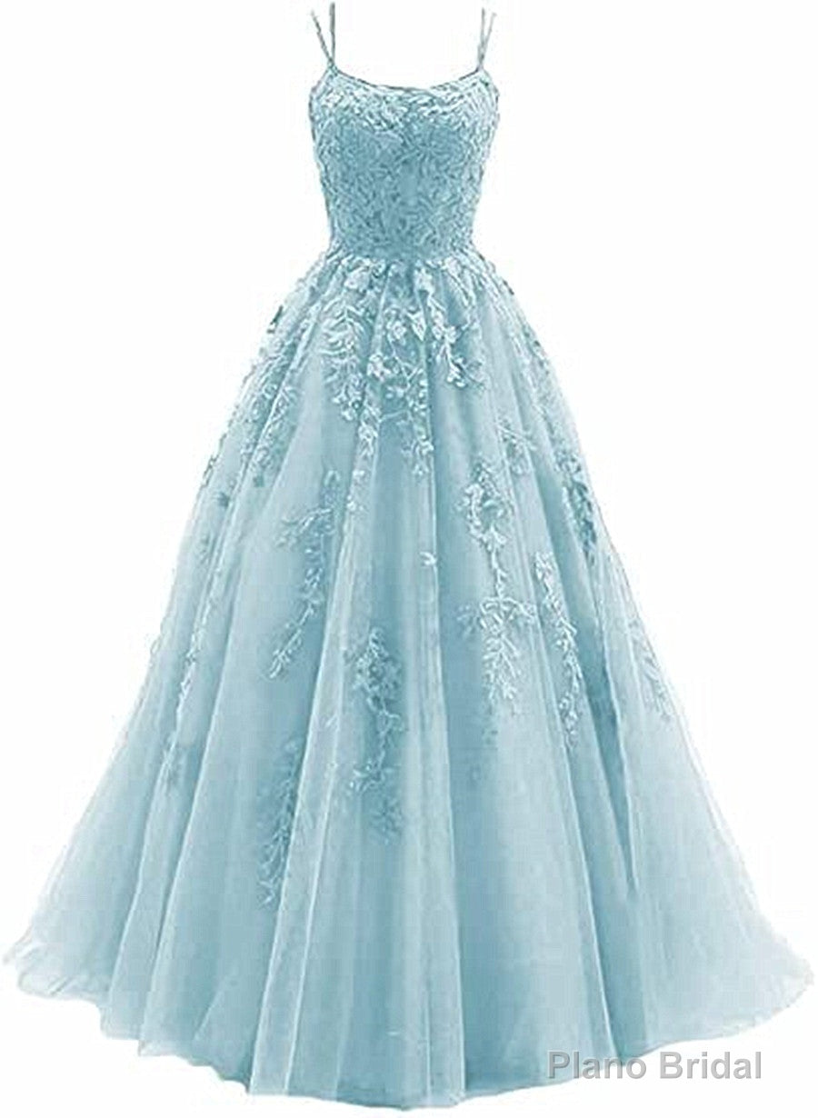Light Blue Straps Cross Back Tulle with Lace Applique Prom Dress, Blue Formal Dress Main image