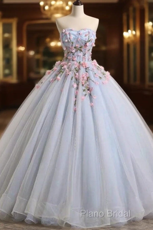 Light Blue Sweethart Flowers Ball Gown Formal Dresses, Blue Sweet 16 Dresses Main image