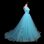 Light Blue Sweetheart Tulle Long Formal Dresses With Belt, Charming Tulle Sweet 16 Dresses