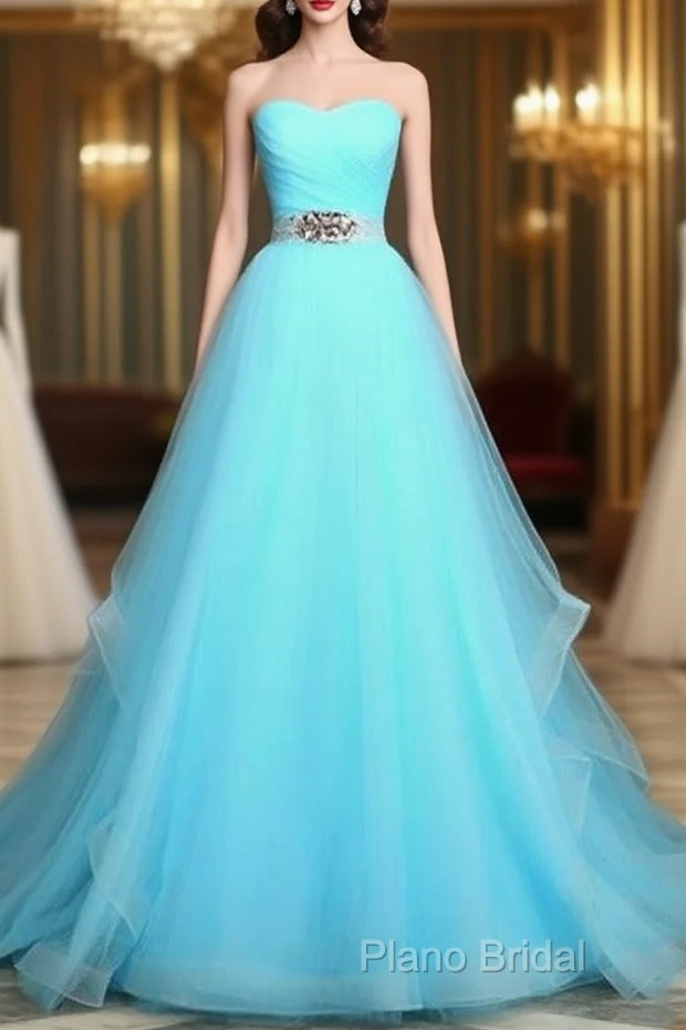 Light Blue Sweetheart Tulle Long Formal Dresses With Belt, Charming Tulle Sweet 16 Dresses
