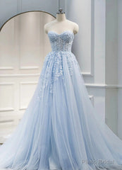 Light Blue Sweetheart Tulle with Lace Long Wedding Party Dress, Blue Prom Dress