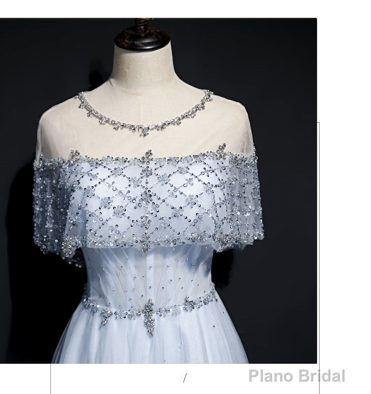 Light Blue Tulle A-line Long Party Dress, Blue Prom Dresses