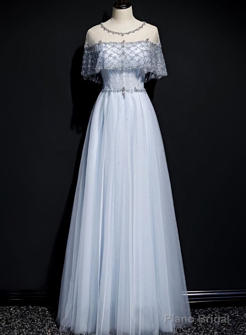 Light Blue Tulle A-line Long Party Dress, Blue Prom Dresses Main image