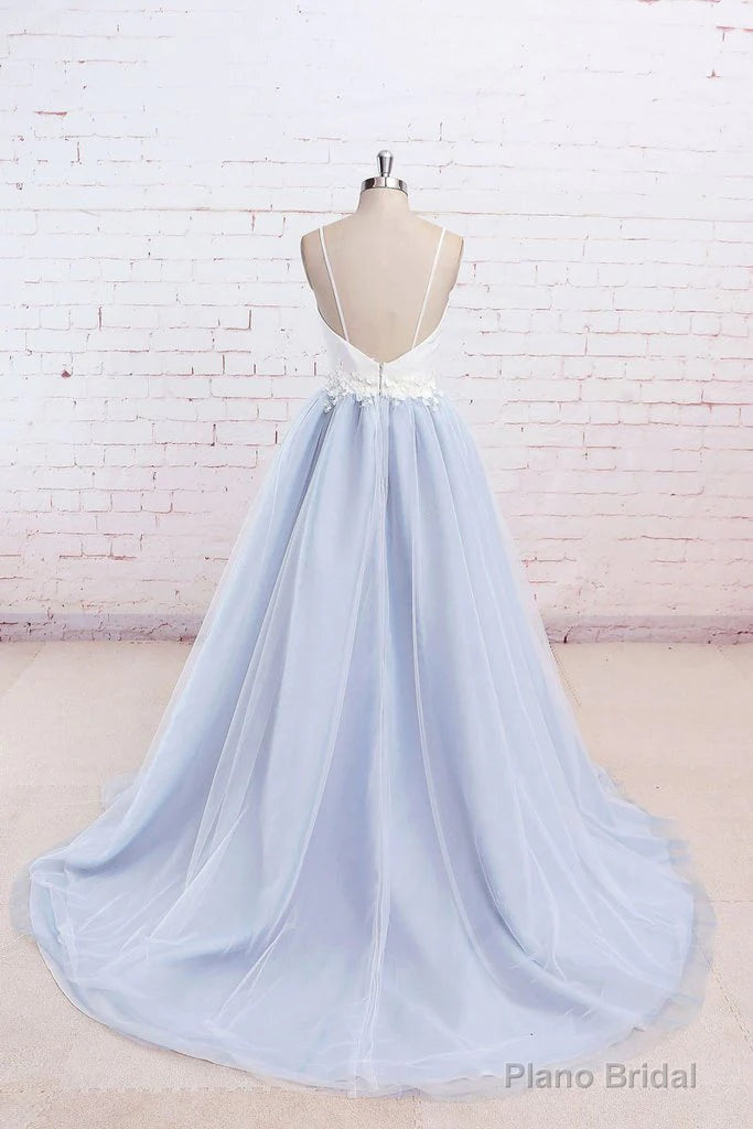 Light Blue Tulle and White Top Long Wedding Party Gowns, Straps Junior Prom Dress Secondary image